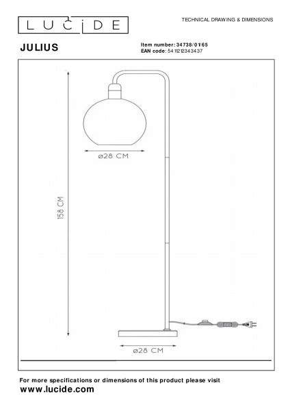 Lucide JULIUS - Lampadaire - Ø 28 cm - 1xE27 - Fumé - TECHNISCH